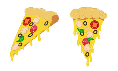 Pizza slice with melted cheese. Cartoon sticker. Design for cafe, menu, restaurant. Vector illustration isolated on white background.