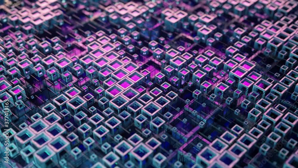 Poster 3d animation of colorful glass rows of cubes floating through the prog in 4k, creating an abstract g