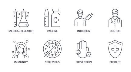 Vector vaccination icons. Editable stroke. Scientists are making a vaccine against coranovirus and other dangerous diseases. Medical research injection protect immunity. Doctor stop virus prevention - obrazy, fototapety, plakaty