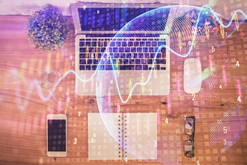 Multi exposure of financial chart drawing over table background with computer. Concept of research. Top view.