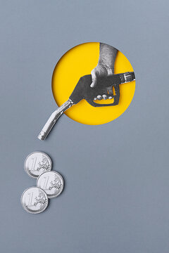Collage of a hand holding a fuel nozzle.