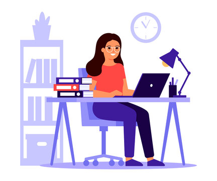 Young Woman Sitting At Table With Laptop. Busy Woman Work With Pile Of Papers In Office. Workflow, Workspace, Remote Work. Freelancer Girl Is Employed. Vector Flat Illustration