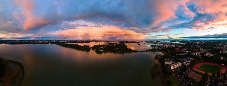 Panorama of a crazy and serene sunset in Helsinki