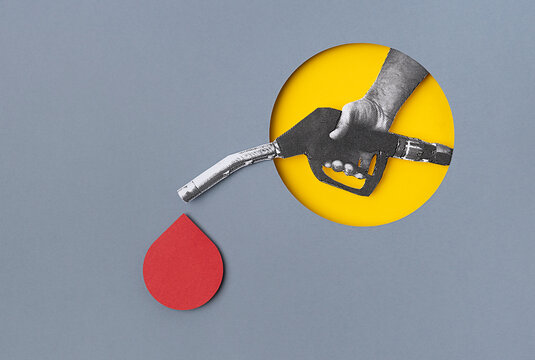 Collage of a hand holding a fuel nozzle.