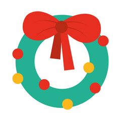 happy merry christmas, wreath with balls and bow decoration, celebration festive flat icon style