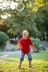 Little cute boy with Down Syndrome plays with huge soap bubbles in the park, a disabled child wants...
