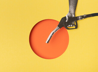 Collage of a hand holding a fuel nozzle.