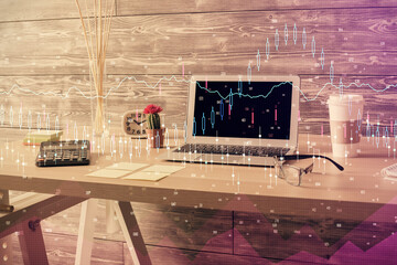 Double exposure of financial graph drawing and office interior background. Concept of stock market.