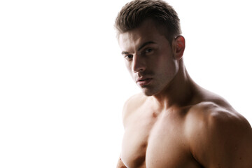 Fototapeta premium Muscular sexy model sports young man on white background. Portrait of beautiful healthy guy.