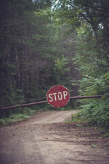 Portrait style image of a fire access road gate with a stop sign in Algonquin Park, Canada.