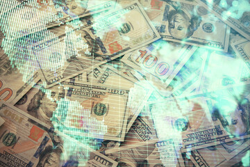 Multi exposure of business theme drawing over us dollars bill background. Concept of financial success.
