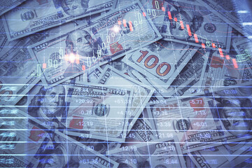 Double exposure of forex graph drawing over us dollars bill background. Concept of financial markets.