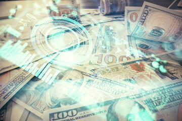 Multi exposure of business theme drawing over us dollars bill background. Concept of financial success.