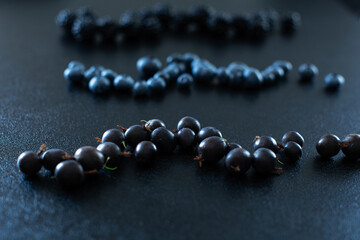 Mix set layout of different types of black berries  on a black table. Stylish seasonal vitamins