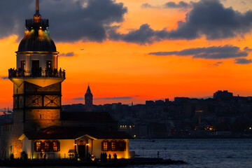 Gorgeous view of the Maiden's Tower in the evening. Kiz Kulesi. Istanbul.