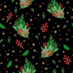 Watercolor Christmas pattern with fir branches, cones, red berries and snowflakes