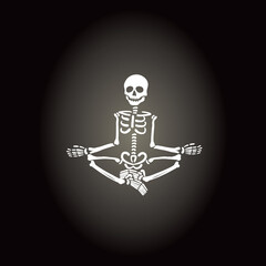 Comic Simplified Skeleton Sitting or Levitating Crossed Legs Hand on Knees Yoga Relaxed Asana or Position Halloween Holidays Template - White on Black Background - Contrast Graphic Design