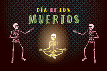 Day of the Dead or Mexican Dia De Los Muertos Logo with Simplified Single Brush Stroke Style Skeletons Holidays Comic Creative Concept - Multicolor on Bones Background - Flat Graphic Design