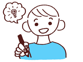 ペンを持つ笑顔の若い男性 ひらめく