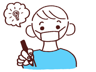 ペンを持つ若いマスク姿の男性 ひらめく