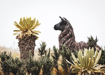 Paisaje andino, llama junto a frailejón