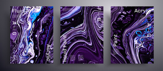 Abstract acrylic placard, fluid art vector texture pack. Trendy background that can be used for design cover, poster, brochure and etc. Purple, blue and white unusual creative surface template
