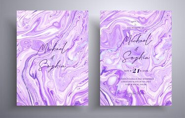 Collection of acrylic wedding invitations with stone texture. Mineral vector cards with marble effect and swirling paints, lavender, purple and white colors. Designed for posters, packaging and etc