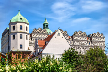 View to the Castle of the Pomeranian Dukes in Szczecin. Renovated castle with art and history exhibitions and classical concerts - obrazy, fototapety, plakaty