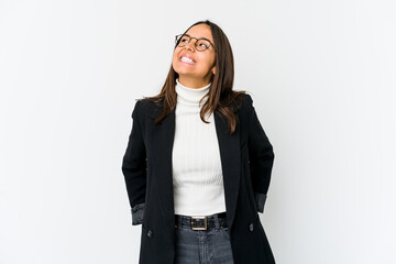 Young mixed race business woman isolated on white background relaxed and happy laughing, neck stretched showing teeth.