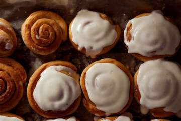 Cooking cinnamon balls. Ful pouring sugar cream. Advertising photo.