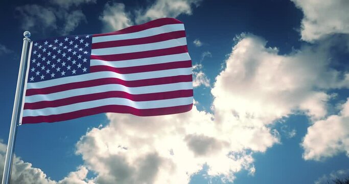 USA American flag waving in the cloudy sky timelapse. 3d loopable animation. Flag isolated with luma matte.