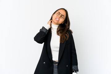 Young mixed race business woman isolated on white background having a neck pain due to stress, massaging and touching it with hand.