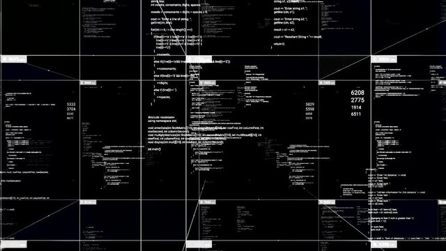 Abstract financial data processing and statistics recording on black background, seamless loop. Animation. Communication technology and business concept.