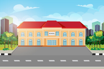 Vector illustration background of the country road and school building