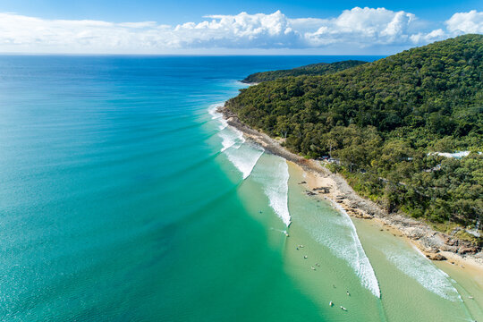 Aerial view of surf and headland at Noosa.