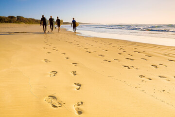 Surfers walking along the sand.