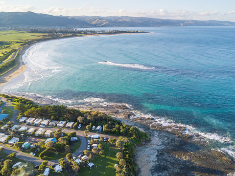 Aerial view of a caravan park close to the ocean Marengo on the Great Ocean Road