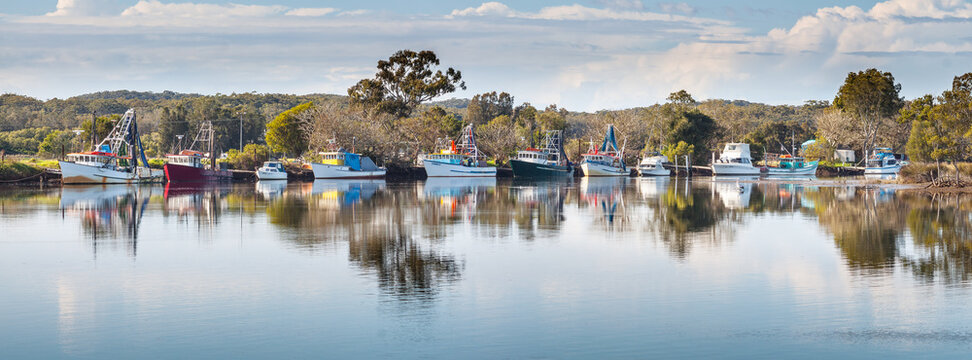 A group of fishing boats at anchor, reflected in still water of a river