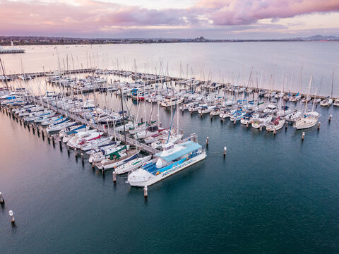 Aerial view of boats and yachts moored at a marina