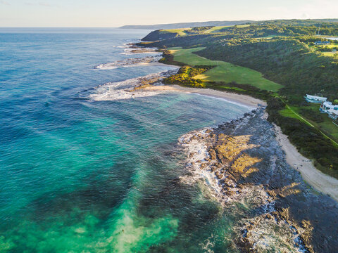 Aerial view of the bays and walking track along the Great Ocean Road at Marengo
