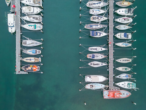 Aerial view of boats and yachts moored at a marina