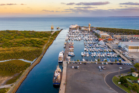 Aerial view of a boats and yachts anchored at a coastal marina