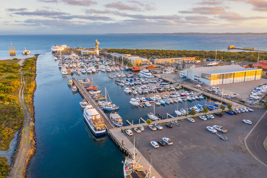 Aerial view of a boats and yachts anchored at a coastal marina