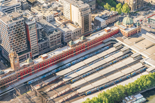 Looking down trains lined up at Flinders Street Station
