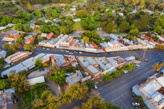 Aerial view of the main street of a country town with historic buildings