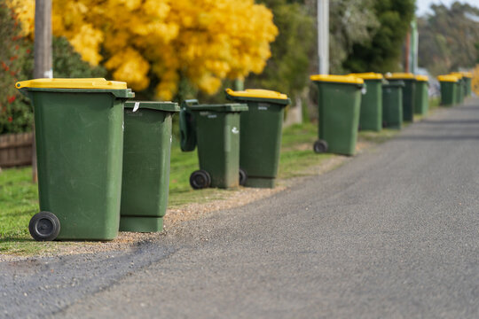 A row of wheelie bins along the side of a bitumen road