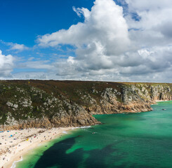 Panorama of the Porthcurno Beach nad Logan Rock - Lands End in Cornwall in England