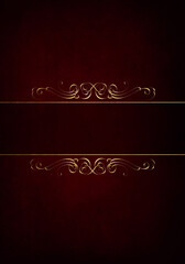 Golden shiny glowing ornate frame isolated over dark red. Golden luxury elegant floral border. Illustration template.