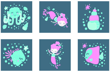 A set of cute children's square pictures of cartoon floating girls mermaids, fish, octopus and shell on dark backgrounds. Design for posters, invitations, baby shower, cards, prints, stickers. Vector.