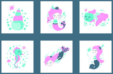 Set of cute children's square pictures of cartoon little girls mermaids, fish, seahorse and shell on white backgrounds. Collection for posters, invitations, baby shower, cards, print, stickers. Vector